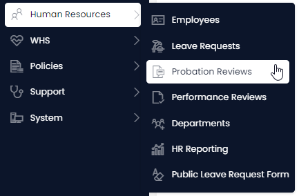 A screenshot depicting how to navigate via the sidebar to &quot;Probation Reviews&quot;